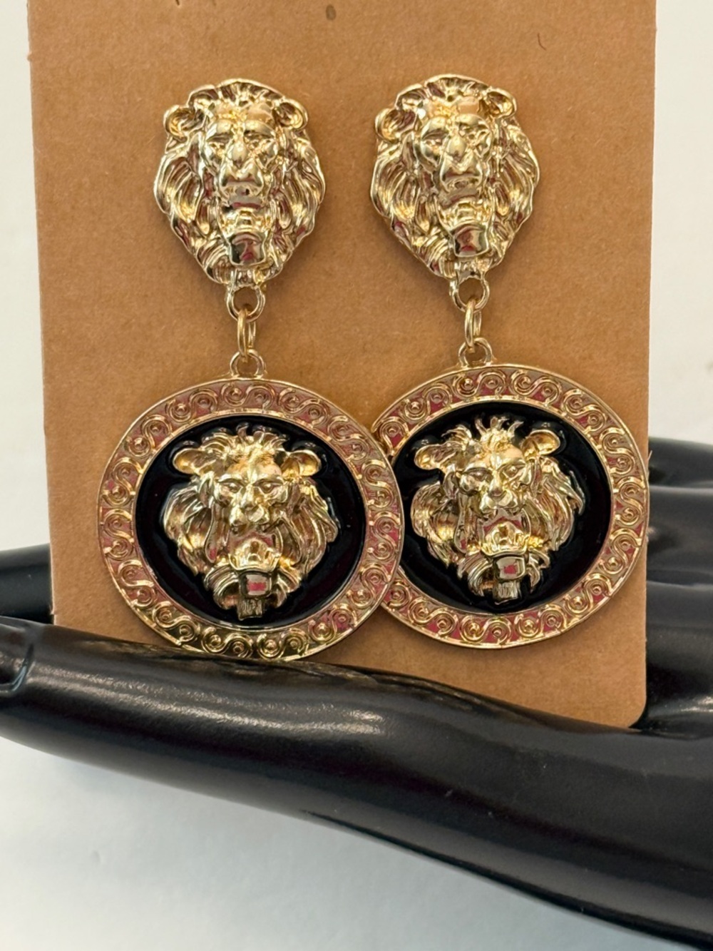 Gold Lion Head Medallion Earrings Black Enamel Statement Drop - Picture 10 of 13